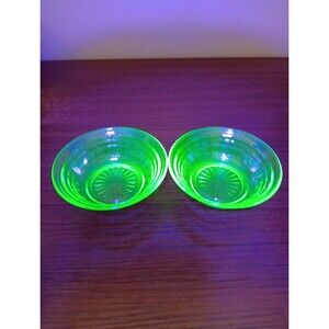 Set Of 2 Vintage Anchor Hocking Block Optic Berry Bowl Green Uranium 4"x1.25"